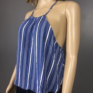 Solemio Top Womens Size Large Racerback High Neck Blouse Shirt Blue Stripes